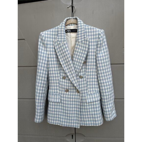 Zara Houndstooth Double-Breasted Blazer Jacket in Blue ASO Princess Kate Sz S - Picture 14 of 16